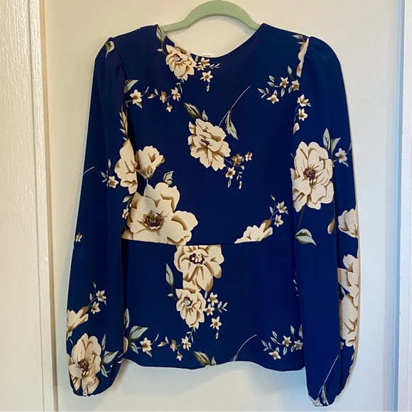 Floral V-Neck Blouse - Blue and Cream - Picture 3 of 9